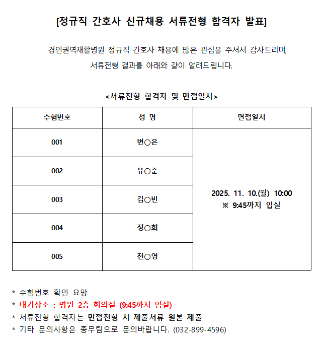 정규직 간호사 채용 서류합격
