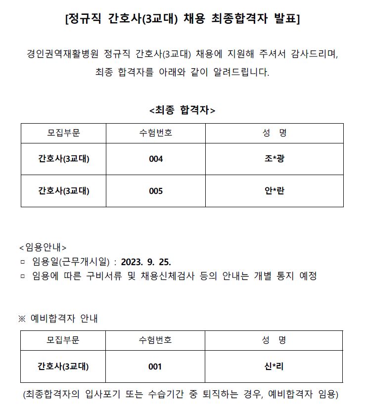 3교대 최종합격자