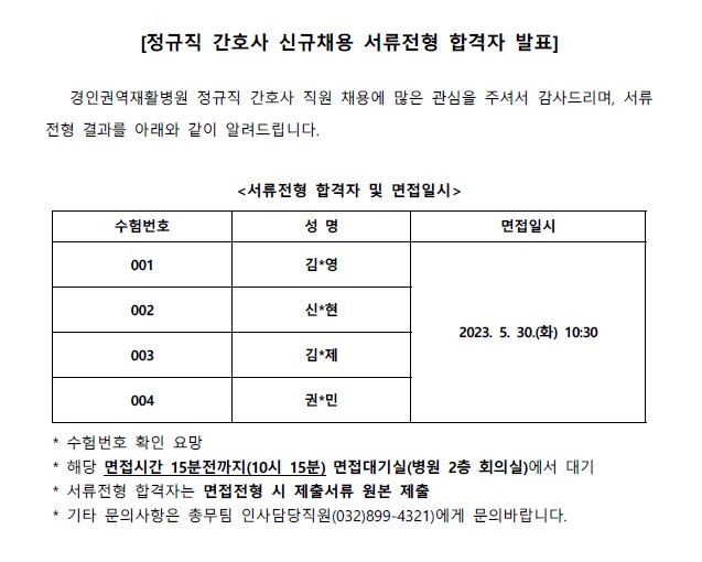정규직 간호사 서류합격자 0524