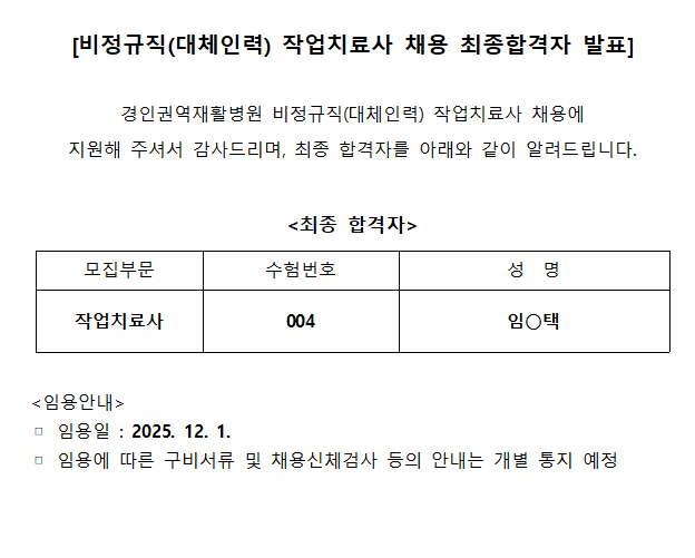 작업치료사 최종합격자 발표