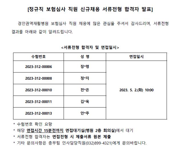 보험심사 직원 서류합격자 발표