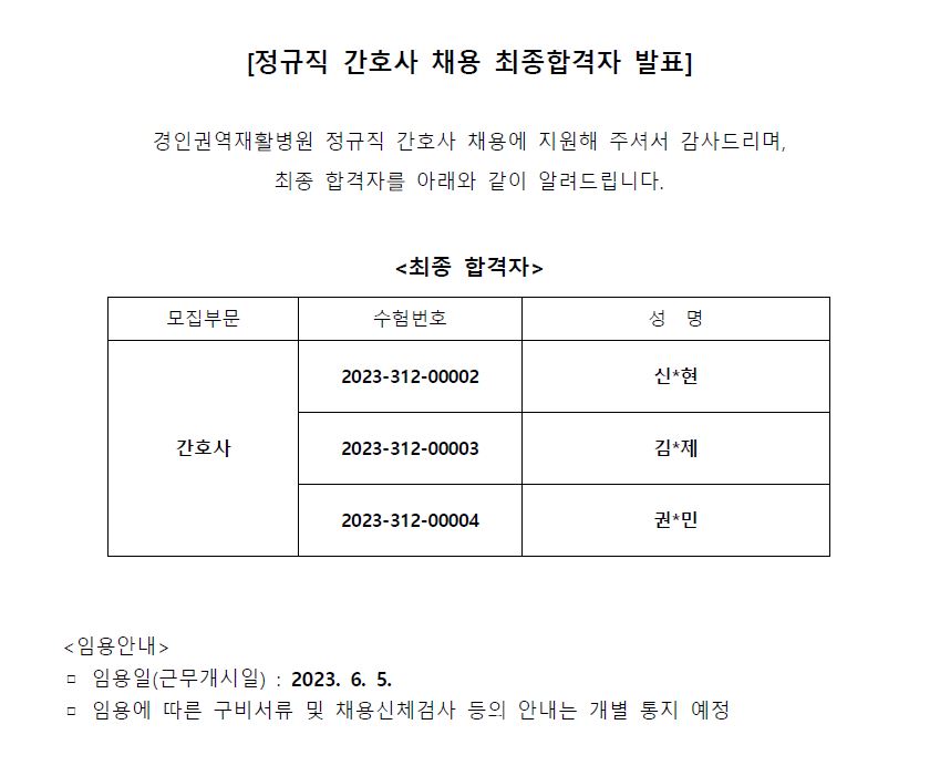 정규직 간호사 최종합격자 0530