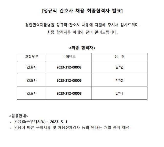 51자 간호사 최종합격자