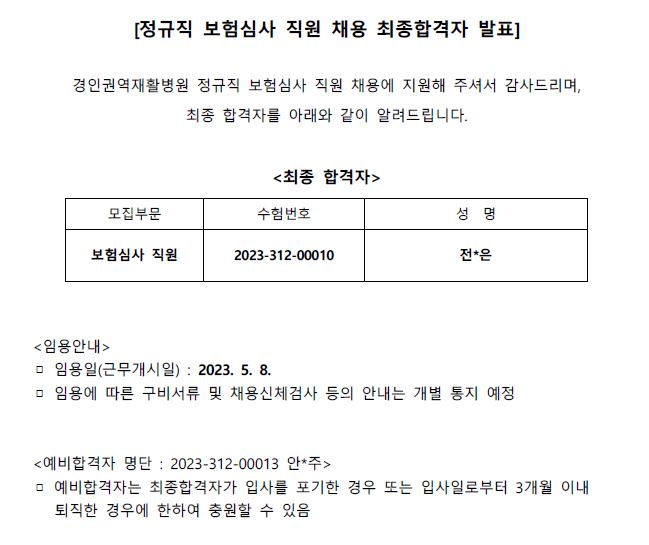 보험심사 직원 최종합격자 발표