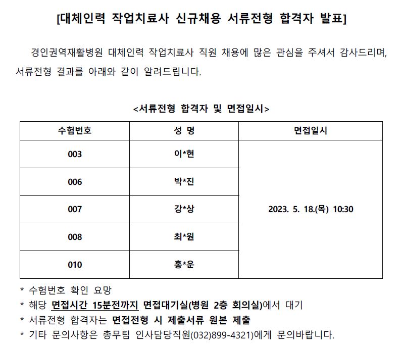 대체작업치료사 서류합격자 발표
