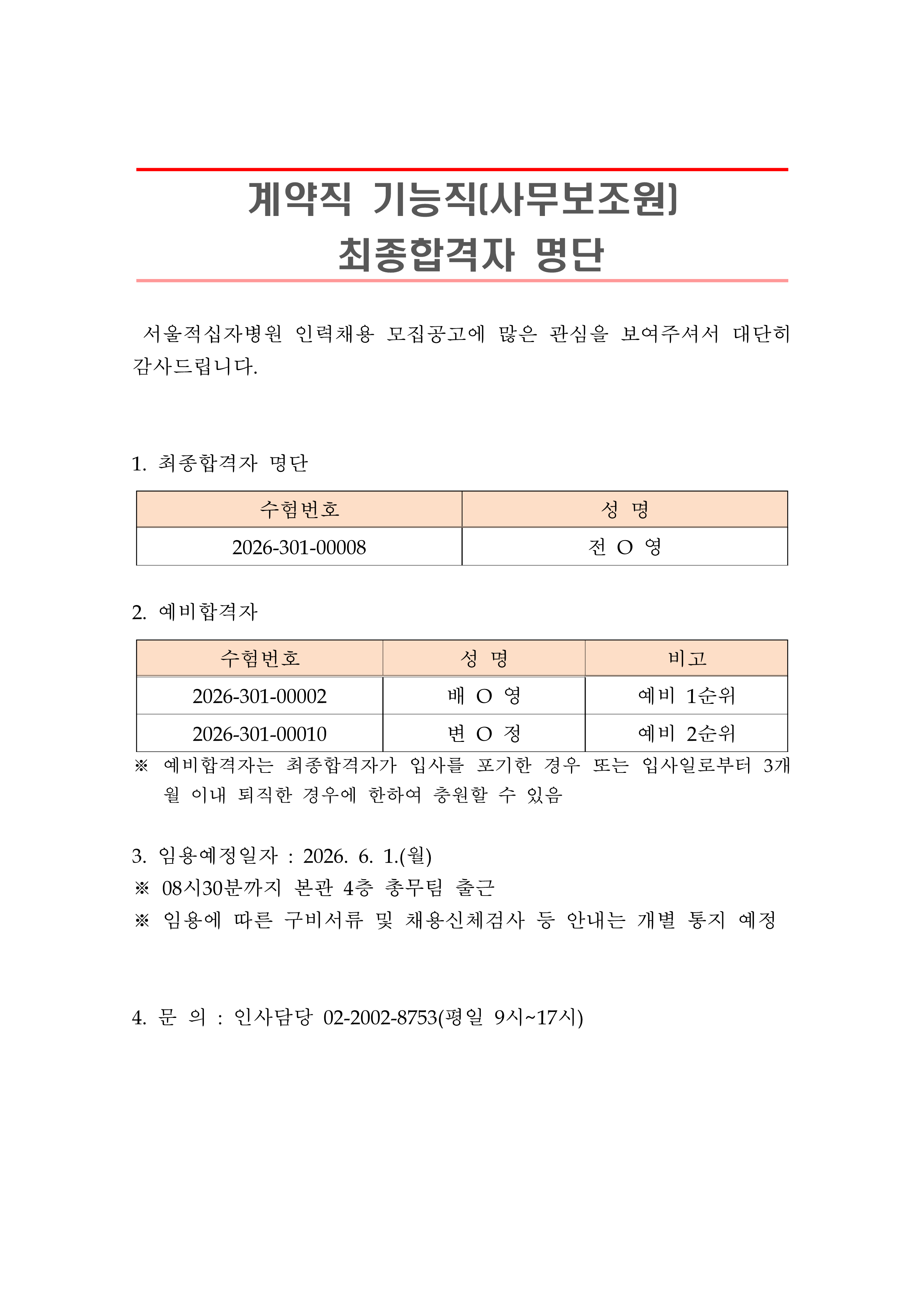 2 최종합격자 발표 안 계약직 기능직 사무보조원 1