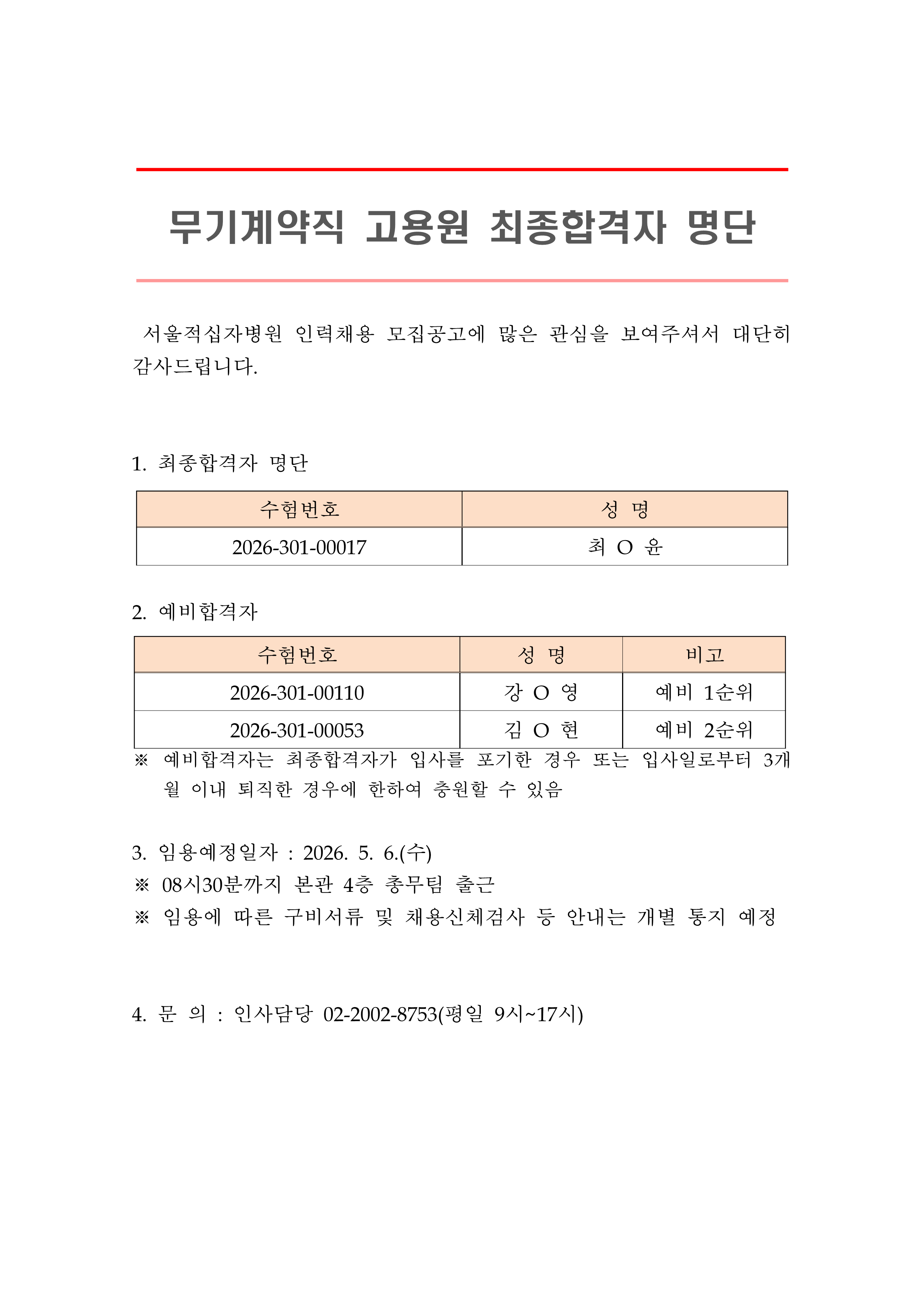 2 최종합격자 발표 안 무기계약직 고용원 1