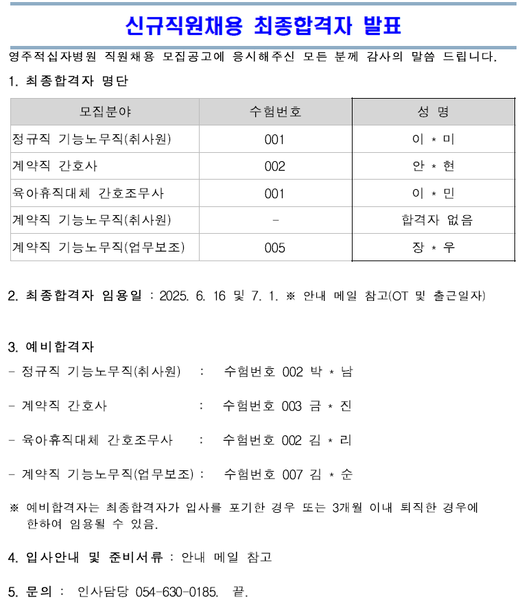 5차채용 최종합격자발표